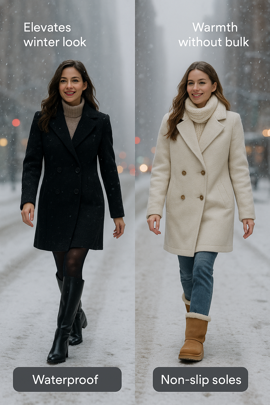 Fashion savvy women wearing stylish and practical best winter boots for snow in urban settings