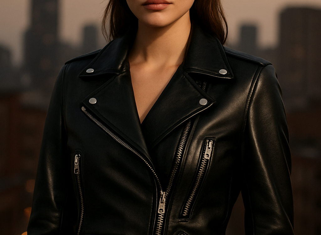 7 Best Biker Jacket Brands for Stylish, Practical Women 1 Fashionable woman wearing black leather biker jacket symbolizing best biker jacket brands