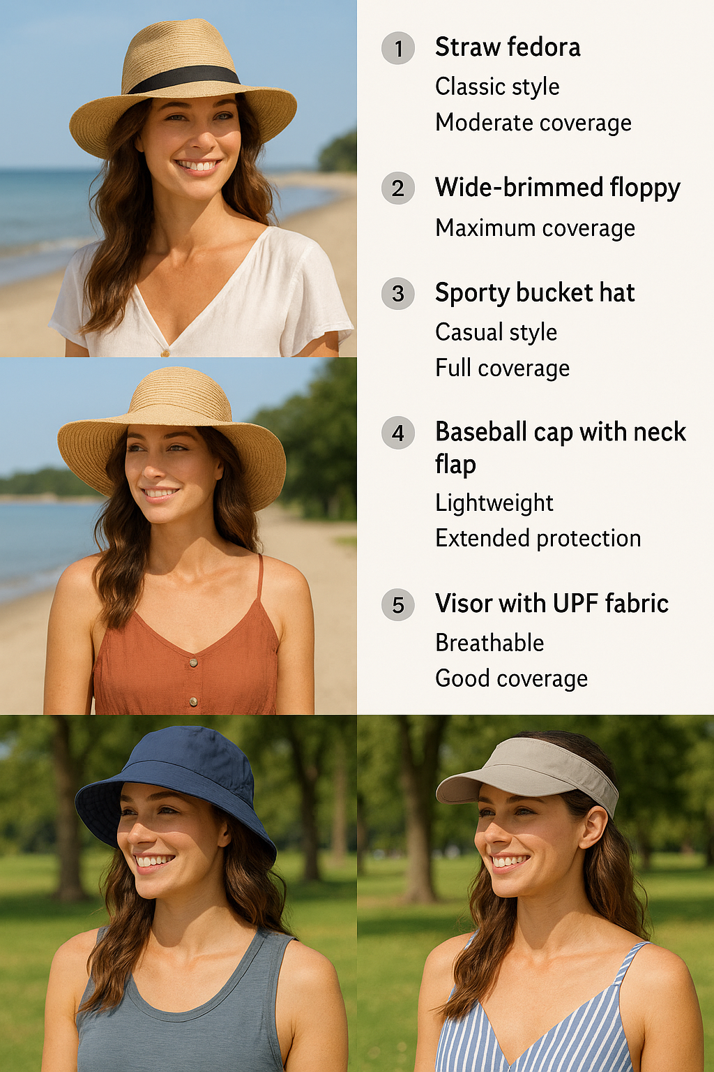 Fashionable women wearing best hats for sun protection in stylish summer looks