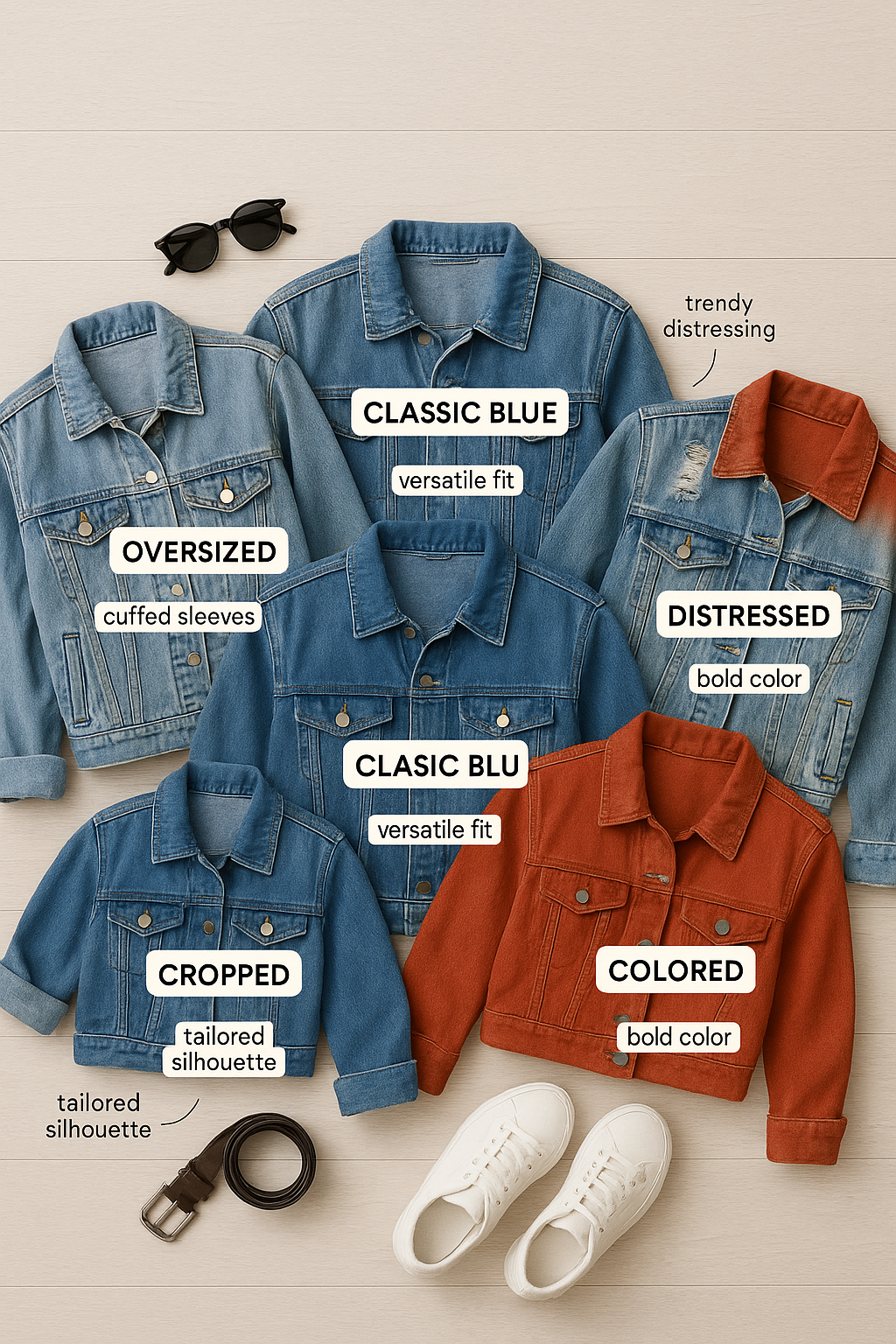 Five best denim jackets for women types with key features highlighted in a stylish flat lay