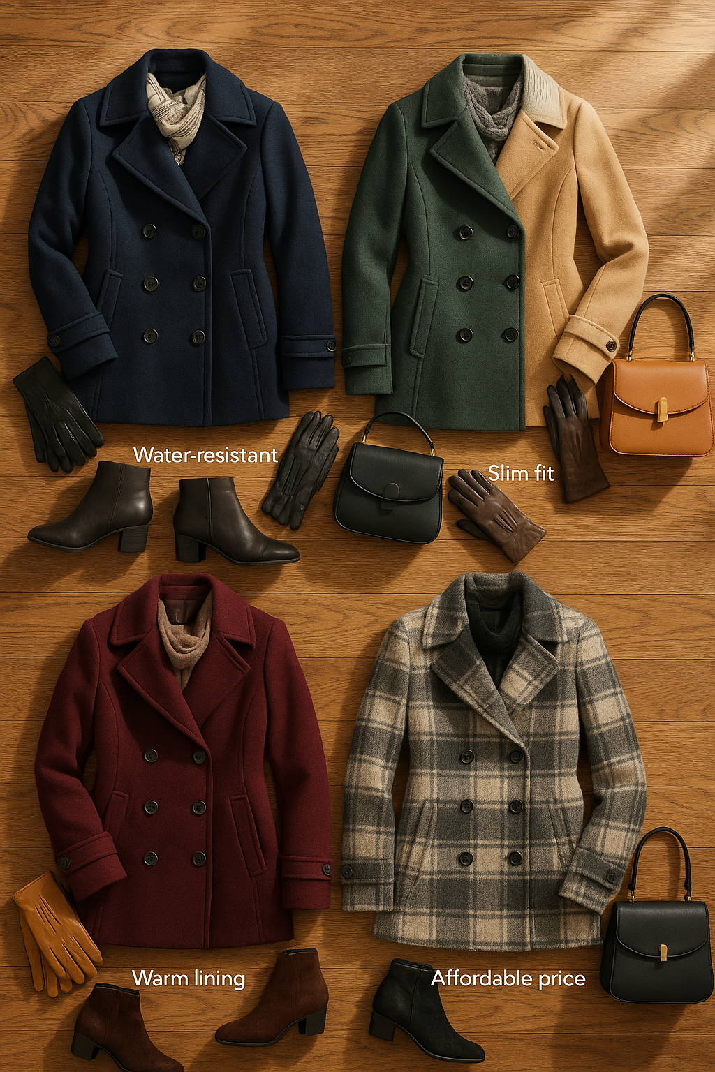 7 Best Peacoats for Women: Stylish & Practical Picks 2 Five best peacoats for women in different colors and styles with accessories flat lay fashion layout