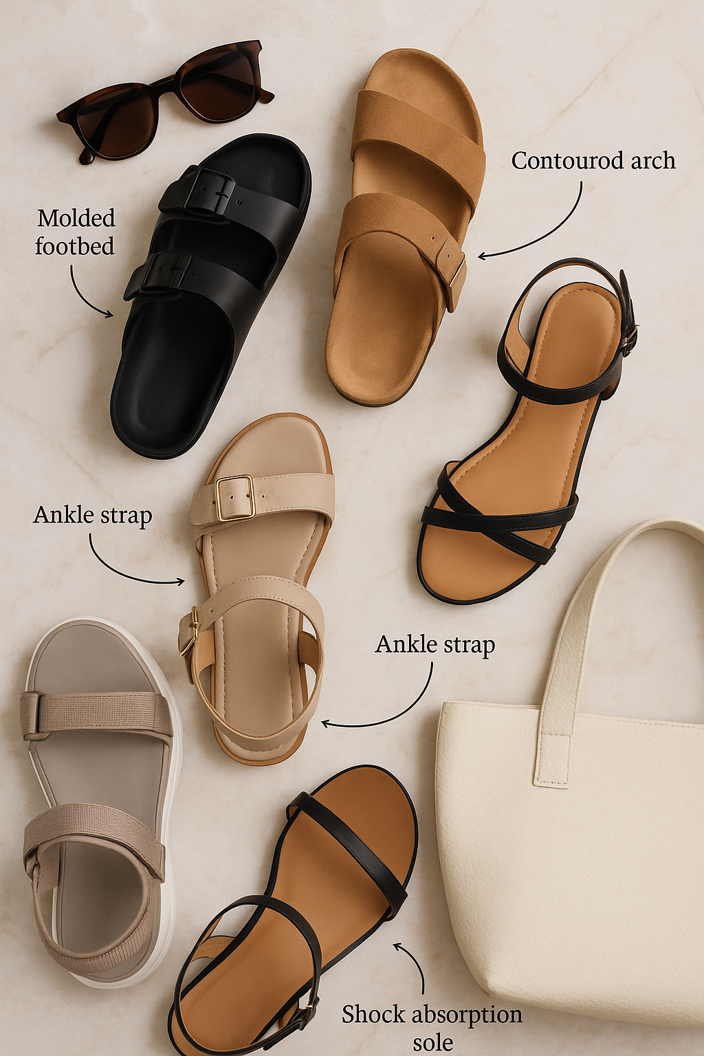 7 Best Sandals for Flat Feet: Stylish Comfort for Fashion-Savvy Women 4 Flat lay of stylish best sandals for flat feet with labeled comfort features