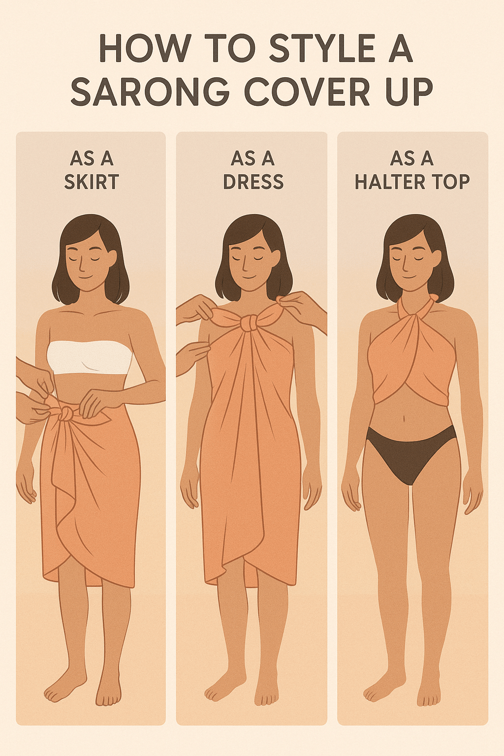 Illustrated guide demonstrating 3 ways to wear the best cover ups for beach with sarong styles