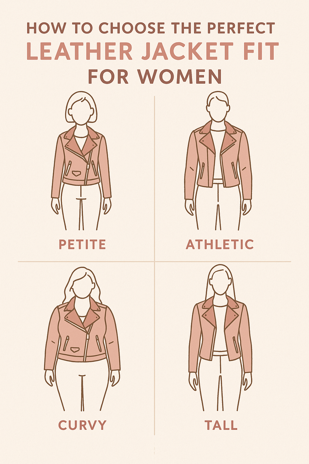 Illustrated guide showing how to pick the best leather jackets women by fit and body shape