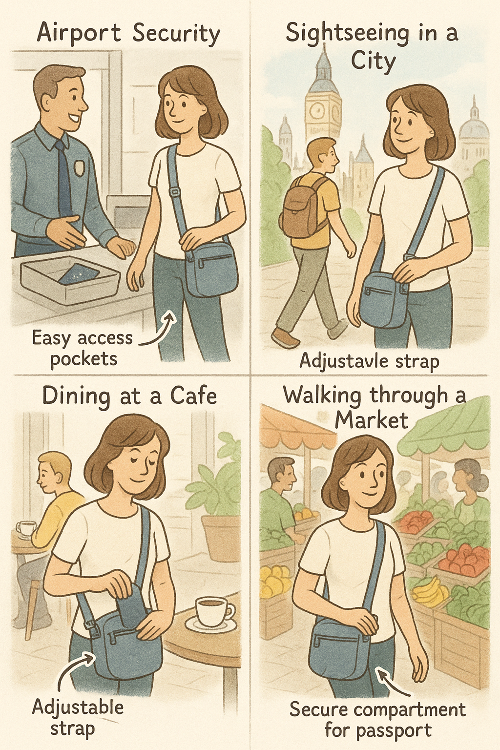 Illustrated travel scenes showing best crossbody bags for travel in practical everyday use