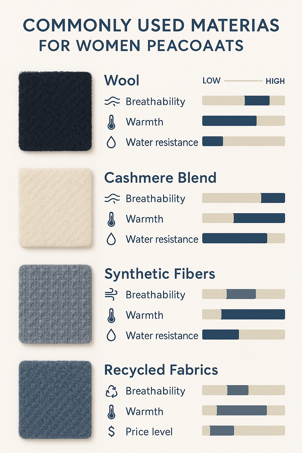 7 Best Peacoats for Women: Stylish & Practical Picks 3 Infographic comparing materials used in best peacoats for women by warmth breathability water resi