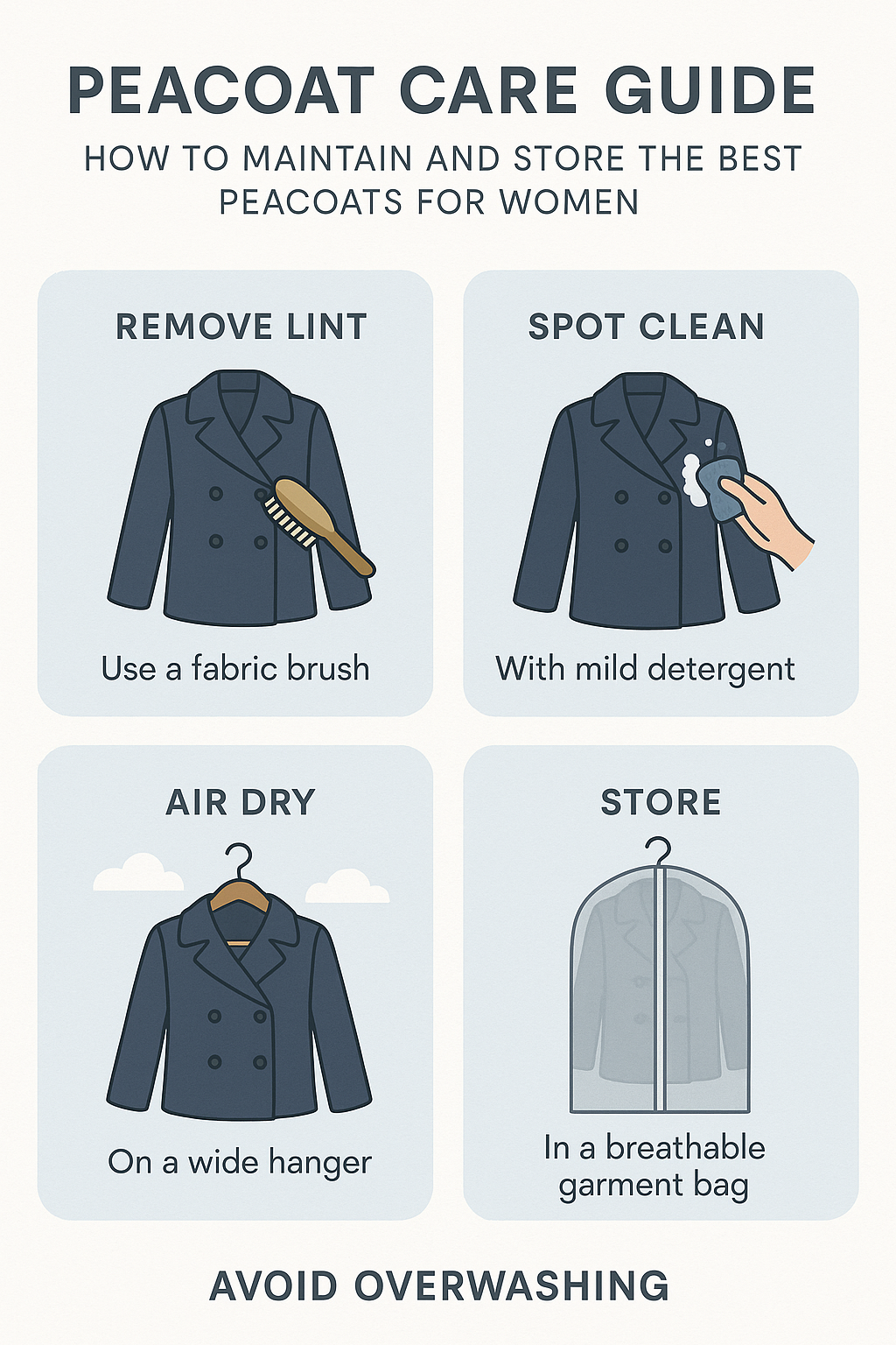 7 Best Peacoats for Women: Stylish & Practical Picks 6 Infographic guide on caring and storing best peacoats for women with step by step tips and illustrat