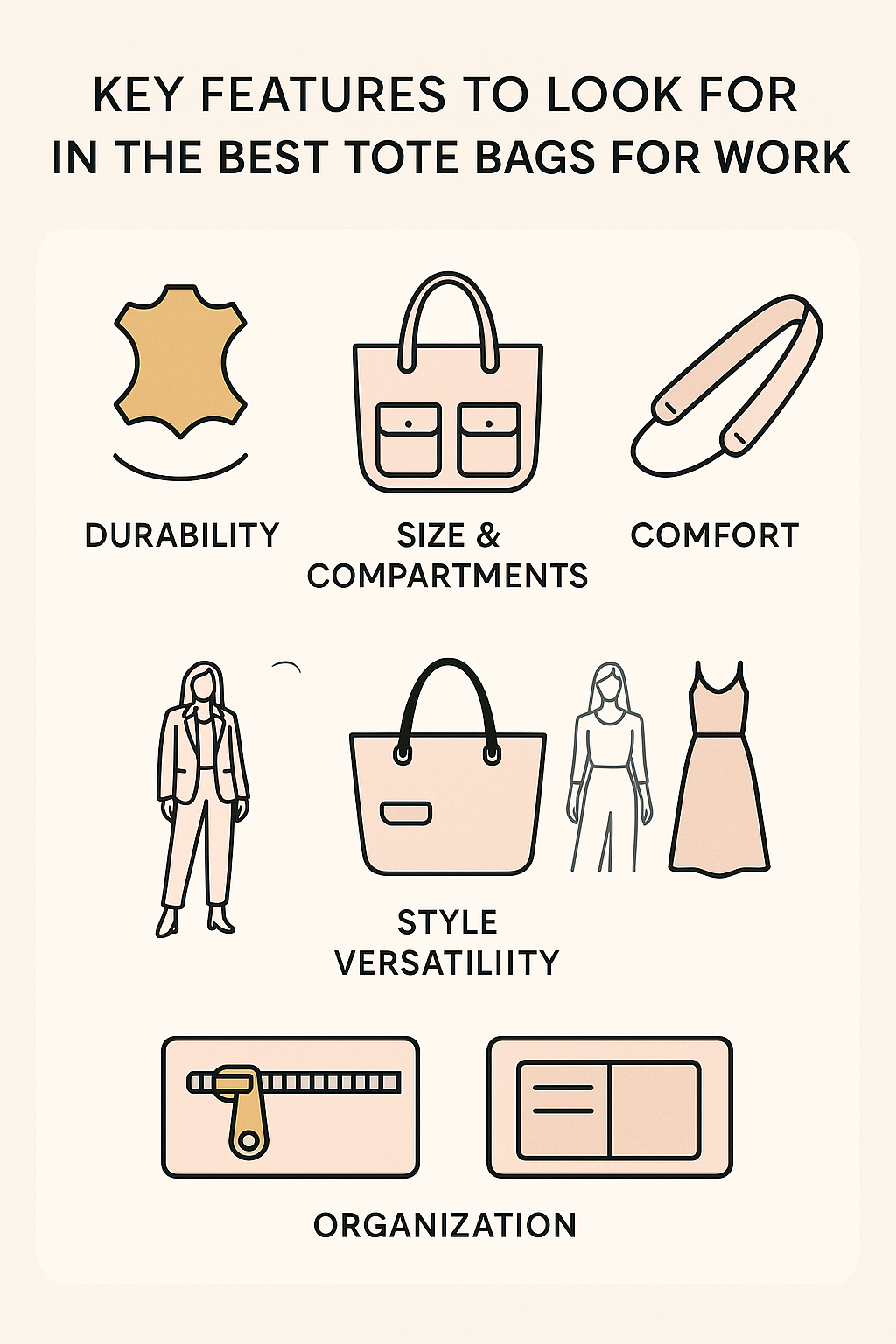 7 Best Tote Bags for Work Every Fashion-Savvy Woman Needs 3 Infographic highlighting key features of the best tote bags for work