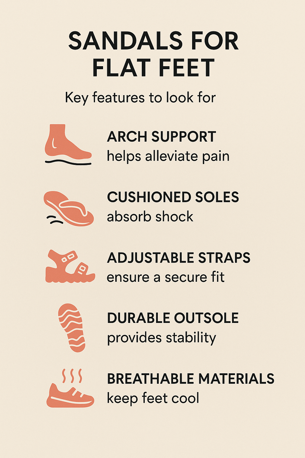 7 Best Sandals for Flat Feet: Stylish Comfort for Fashion-Savvy Women 3 Infographic of best sandals for flat feet features including arch support and cushioning