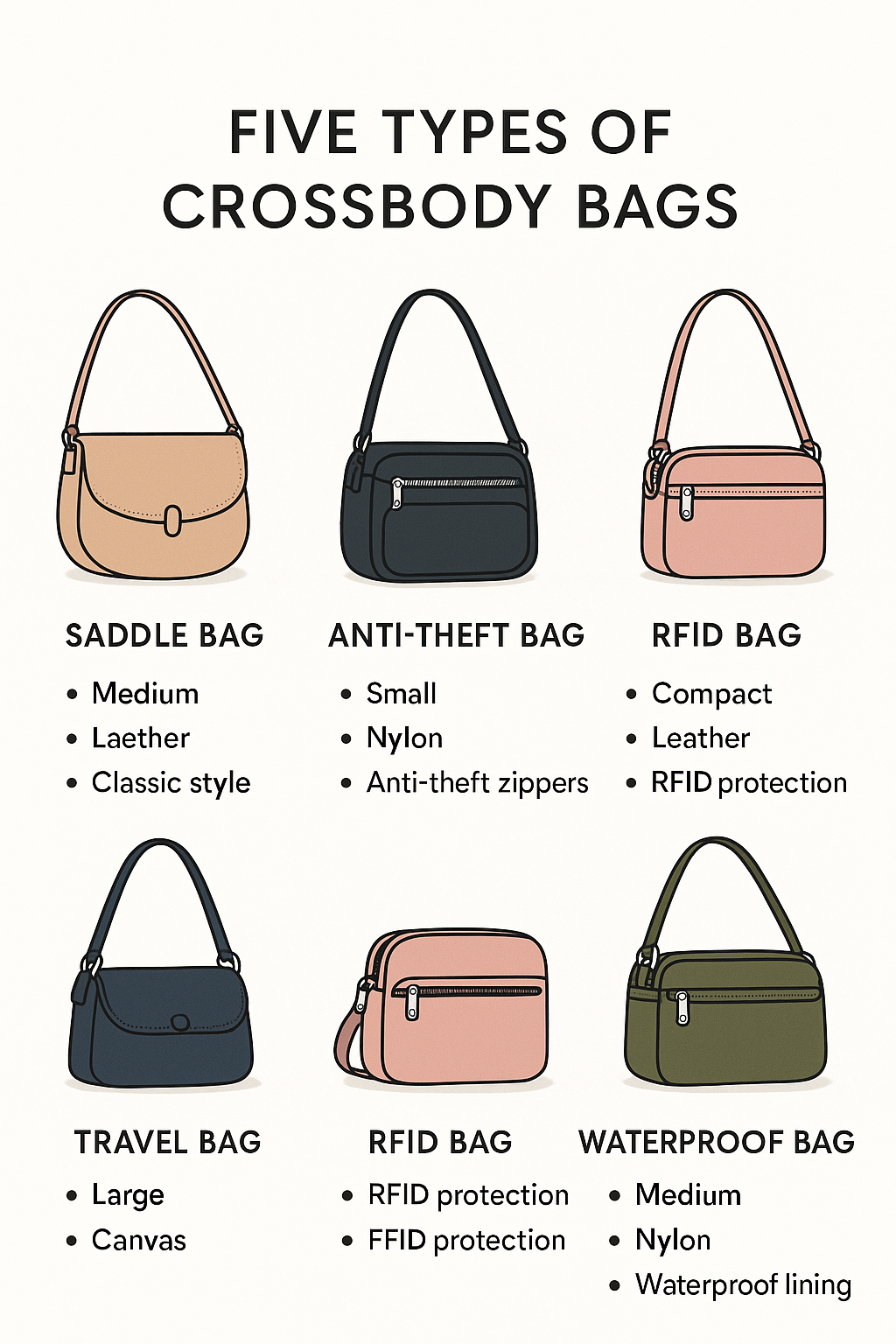 Infographic of five best crossbody bags for travel with features and materials for fashion savvy wom