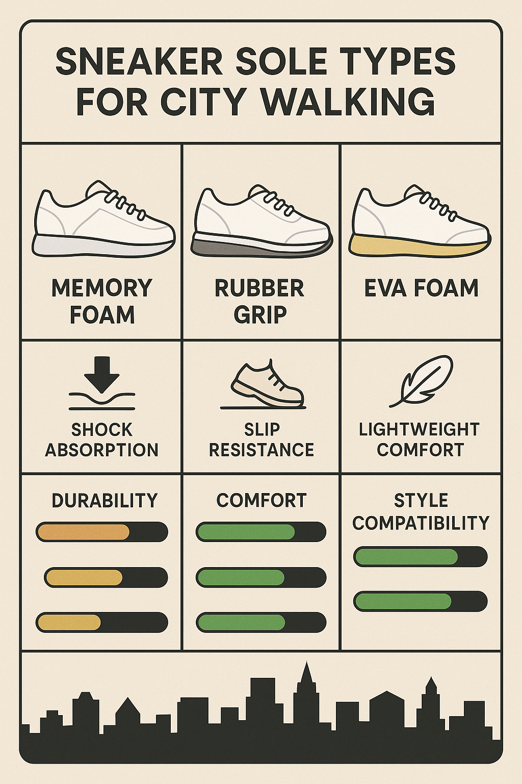 Infographic showing best sneakers for city walking with ideal sole types