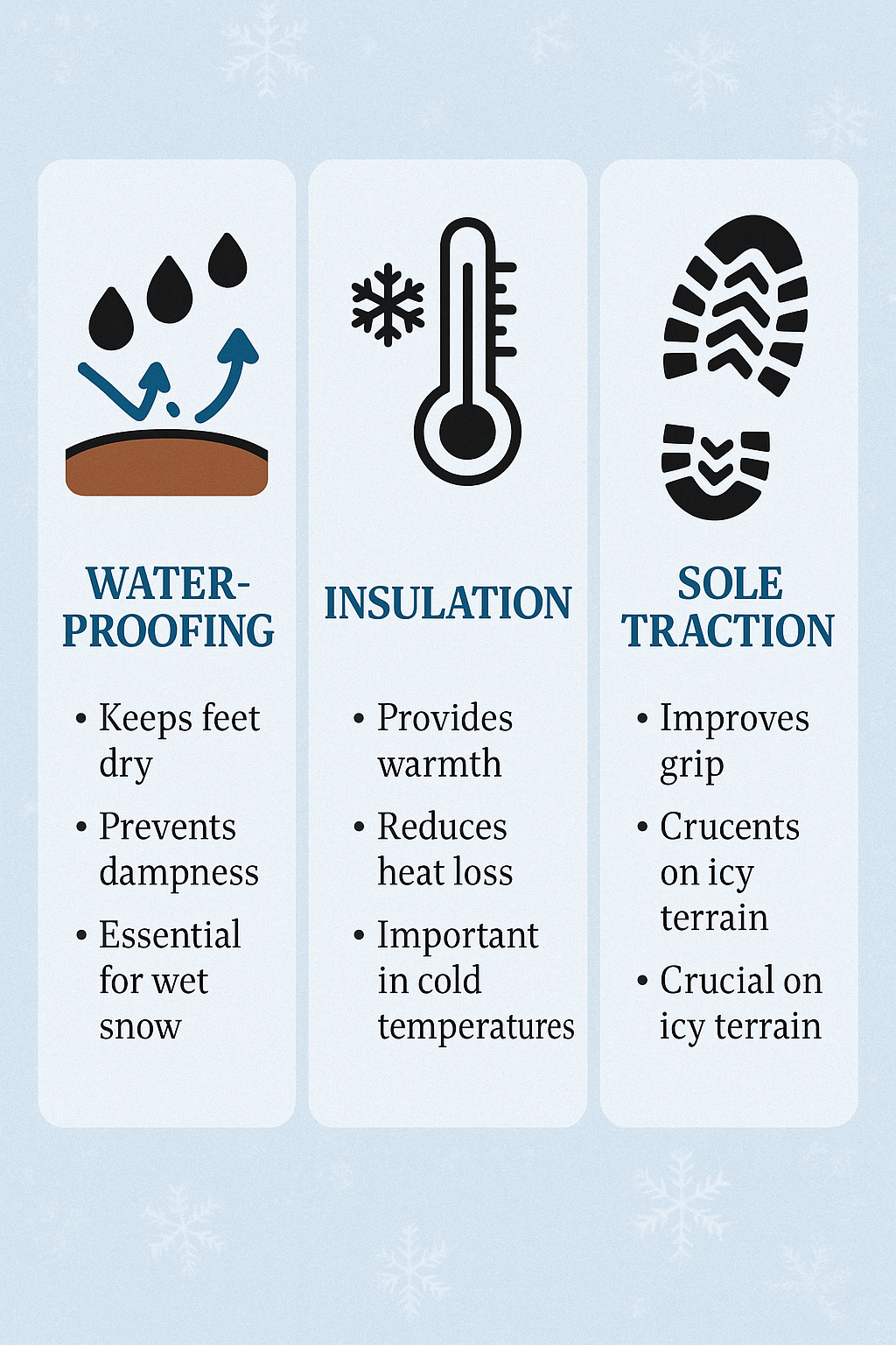 Infographic showing waterproofing insulation and traction of the best winter boots for snow