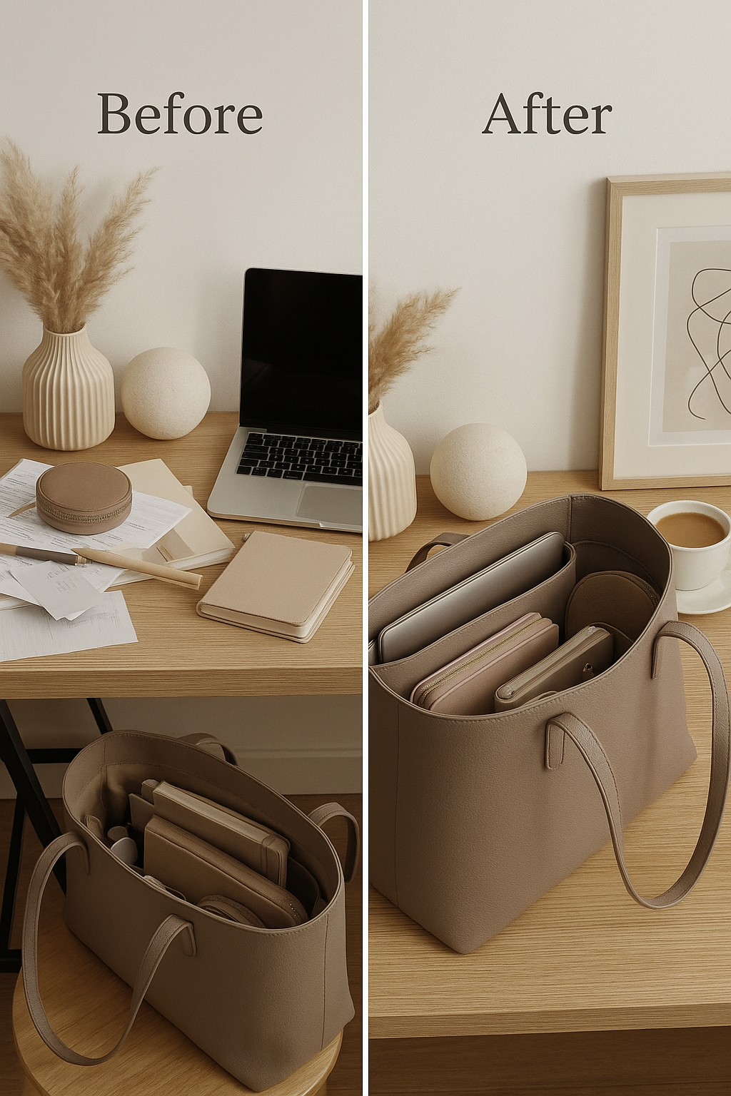 7 Best Tote Bags for Work Every Fashion-Savvy Woman Needs 4 Organized work essentials inside the best tote bags for work versus cluttered workspace