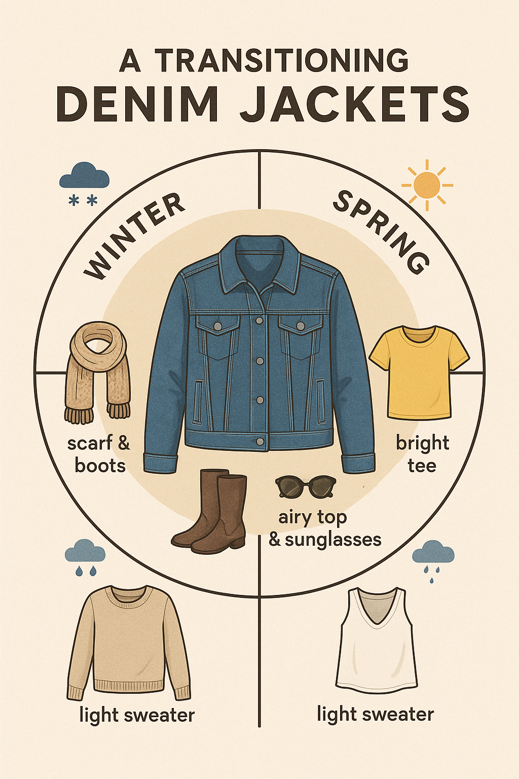 Seasonal styling infographic for the best denim jackets for women throughout the year