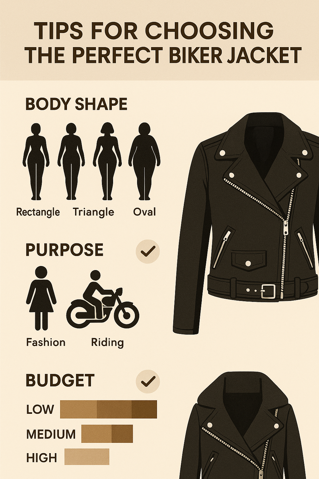 Selection guide infographic for choosing best biker jacket brands by style and fit