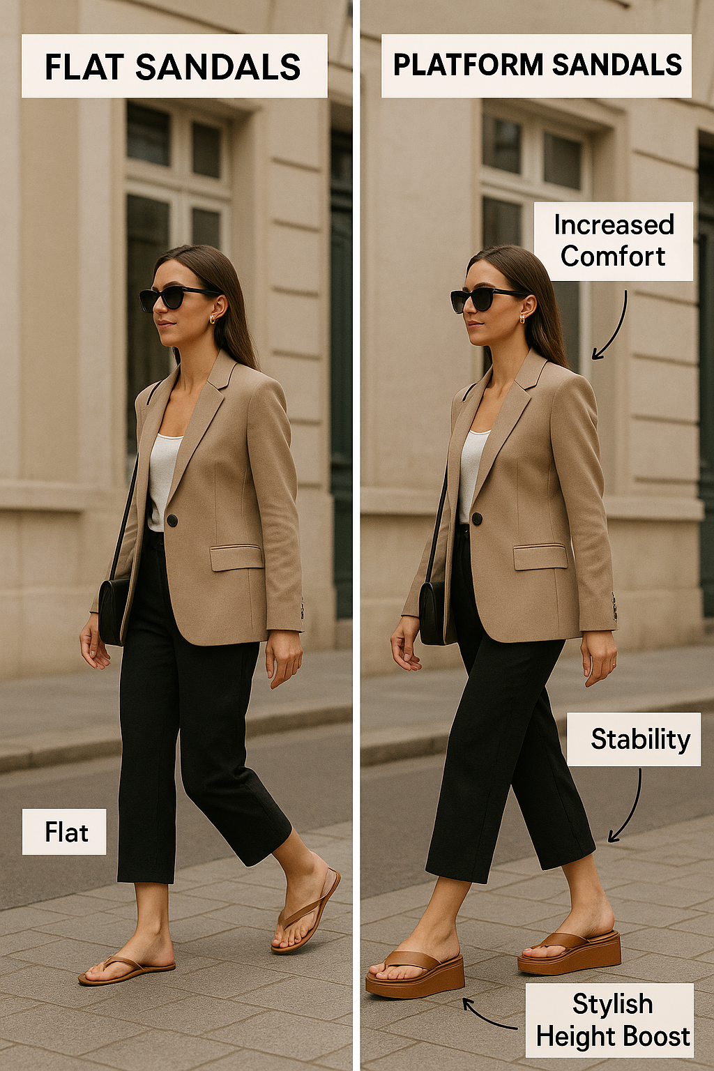 7 Best Platform Sandals for Fashion-Savvy Women’s Stylish Comfort 6 Side by side photo showing stylish and comfortable walking in best platform sandals vs flat sandals