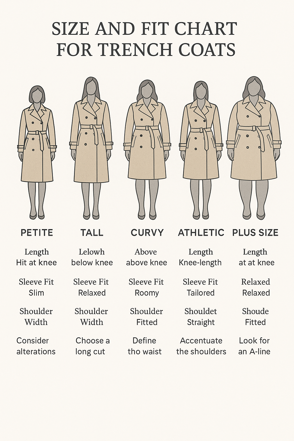 7 Stylish and Practical Best Trench Coats for Women 6 Size and fit guide infographic for best trench coats for women for diverse body types