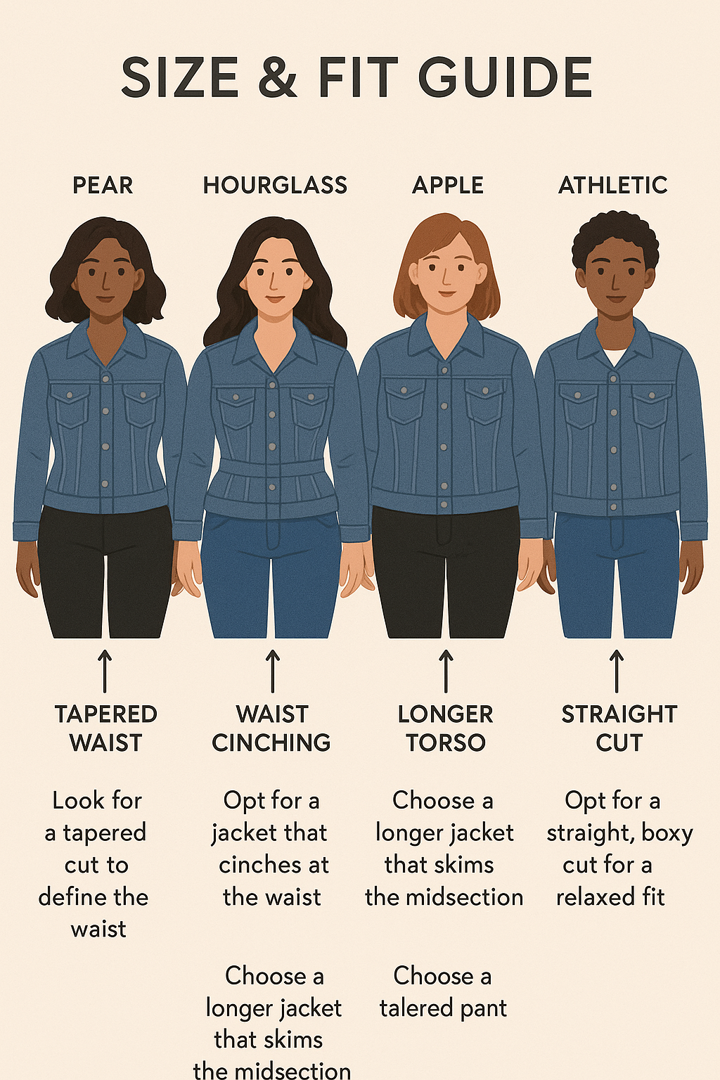 Size and fit guide with denim jackets for women tailored for different body shapes