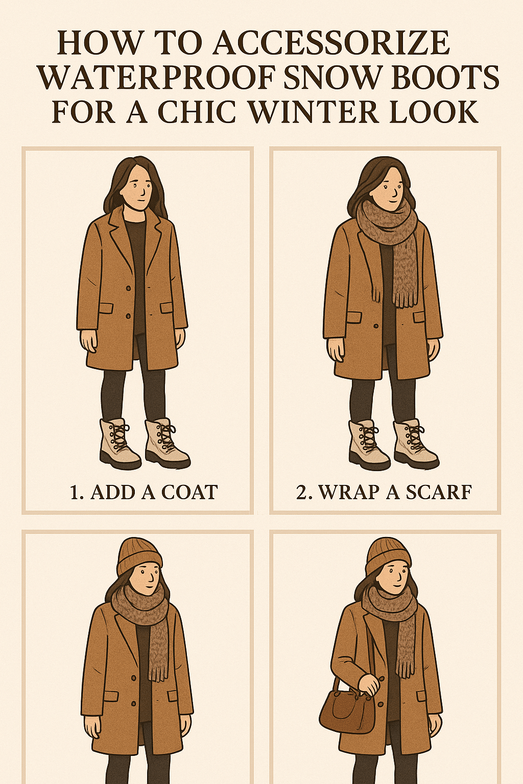 Style guide infographic for pairing best waterproof boots for snow with winter fashion