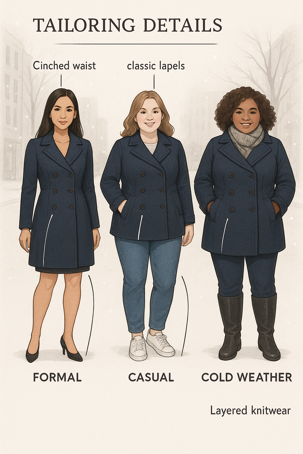 7 Best Peacoats for Women: Stylish & Practical Picks 4 Style guide with three women in best peacoats for women styled for formal casual and cold weather