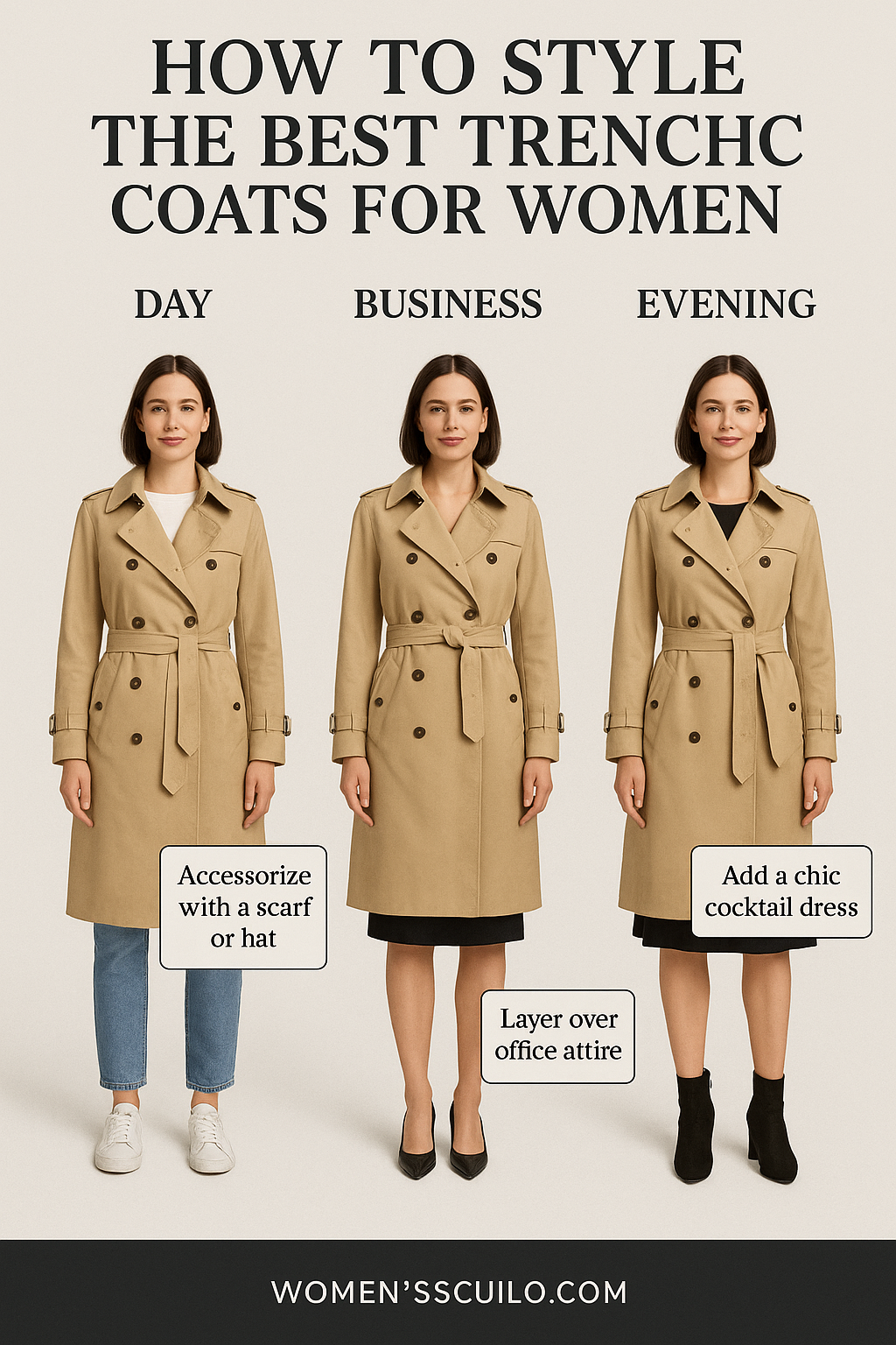 7 Stylish and Practical Best Trench Coats for Women 4 Styling guide for best trench coats for women with casual business and evening outfits