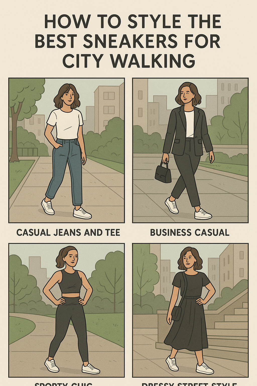 Styling tips visual guide for best sneakers for city walking with outfits