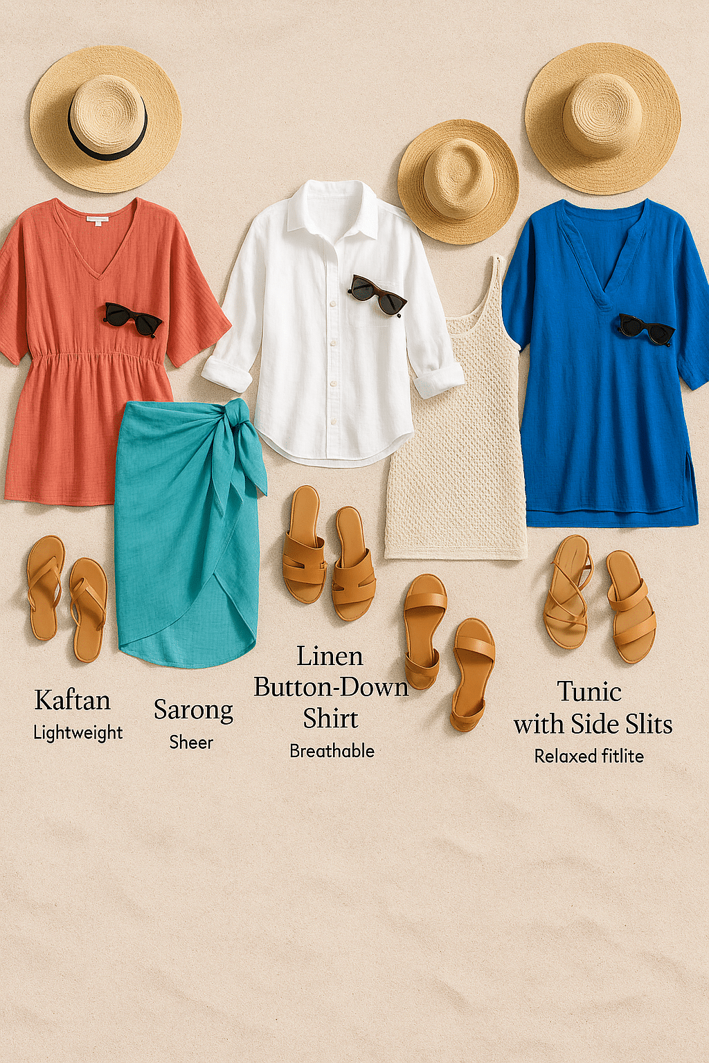 Stylish flat lay showing the best cover ups for beach with kaftan sarong linen shirt crochet dres