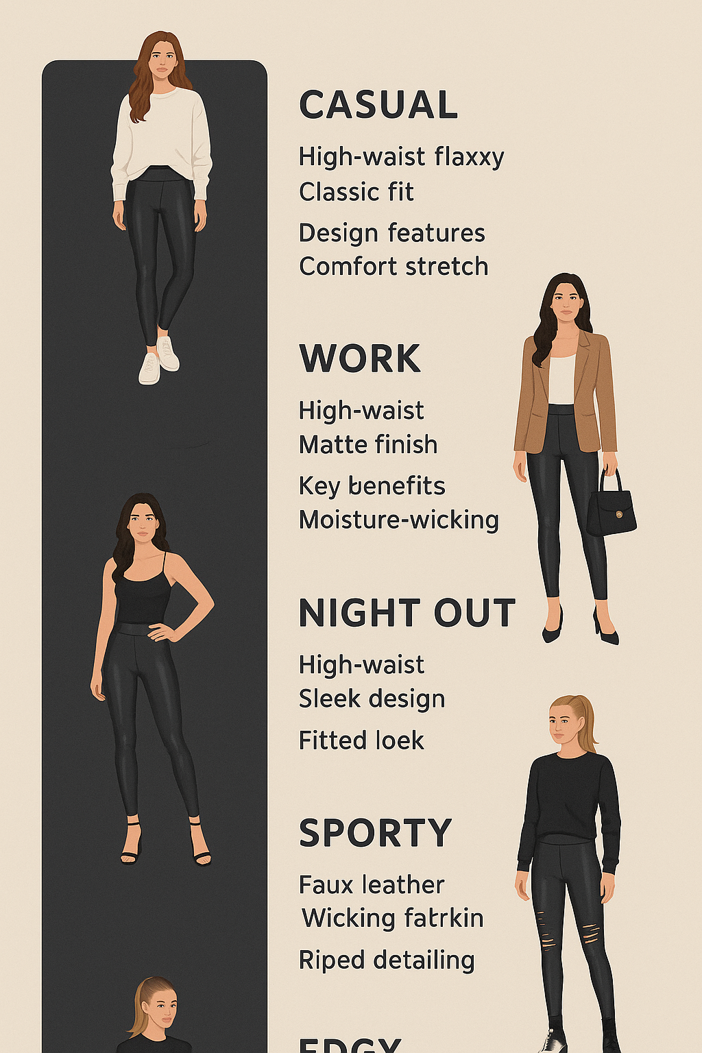 7 Best Faux Leather Leggings for Stylish, Practical Wardrobes 2 Stylish infographic of the best faux leather leggings styles for fashion savvy women
