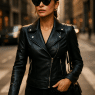 Stylish woman wearing the best leather jackets women choose walking in an urban setting