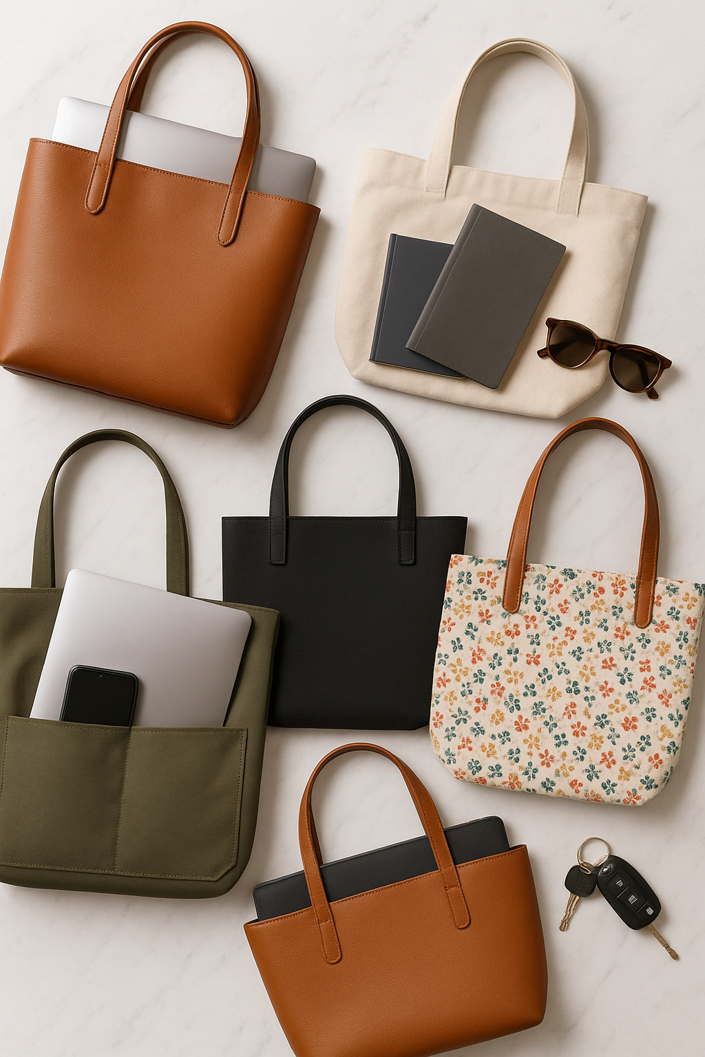 7 Best Tote Bags for Work Every Fashion-Savvy Woman Needs 2 Top view of best tote bags for work showcasing styles and essential items for fashion savvy women