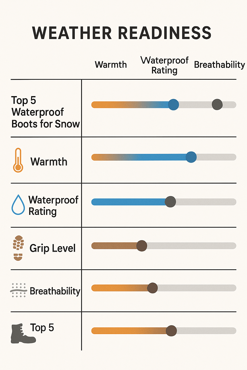 Weather readiness chart for best waterproof boots for snow with warmth and grip ratings