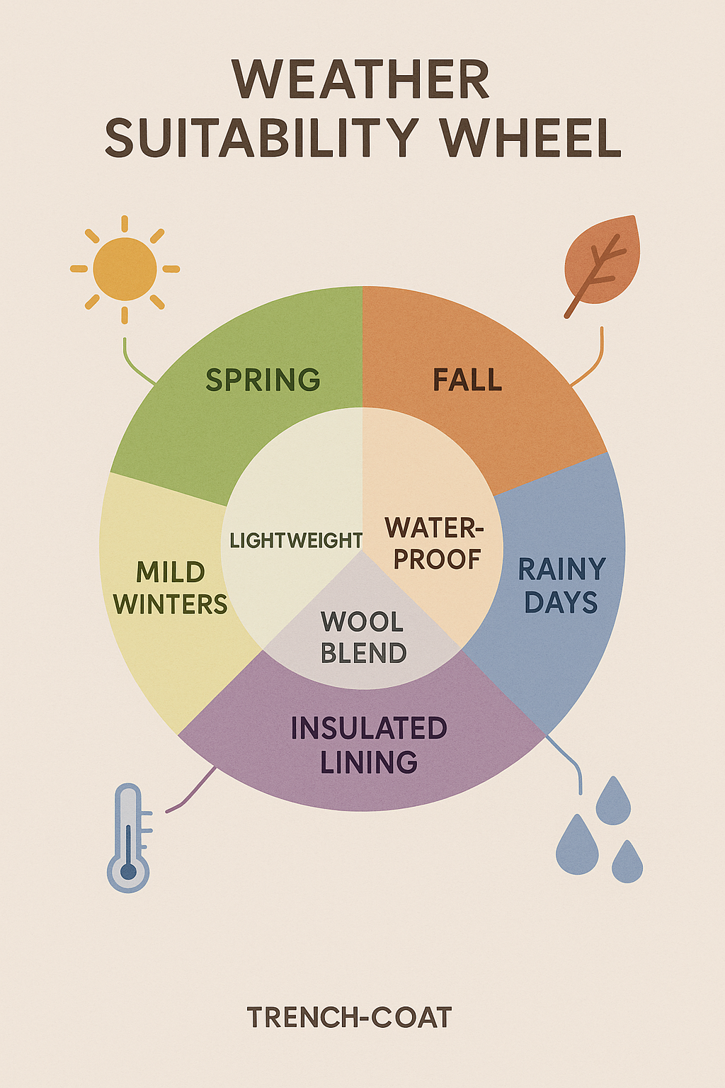 7 Stylish and Practical Best Trench Coats for Women 5 Weather suitability infographic for best trench coats for women by season and fabric
