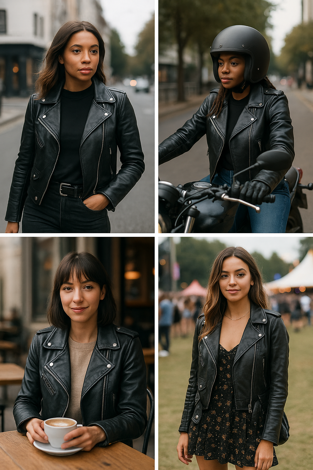 Women styling best biker jacket brands in various fashionable and practical settings