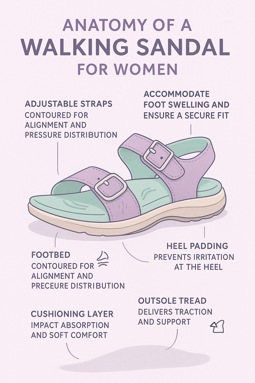 Anatomy of best sandals walking women with arch support and adjustable straps labeled