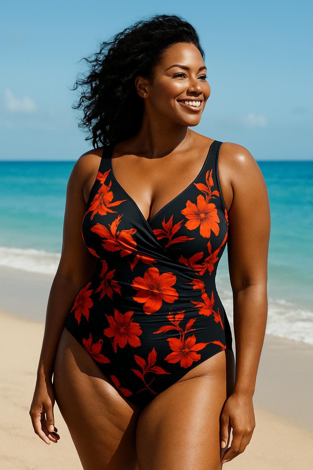 Best bathing suits for women confident stylish woman beach ocean sunlight