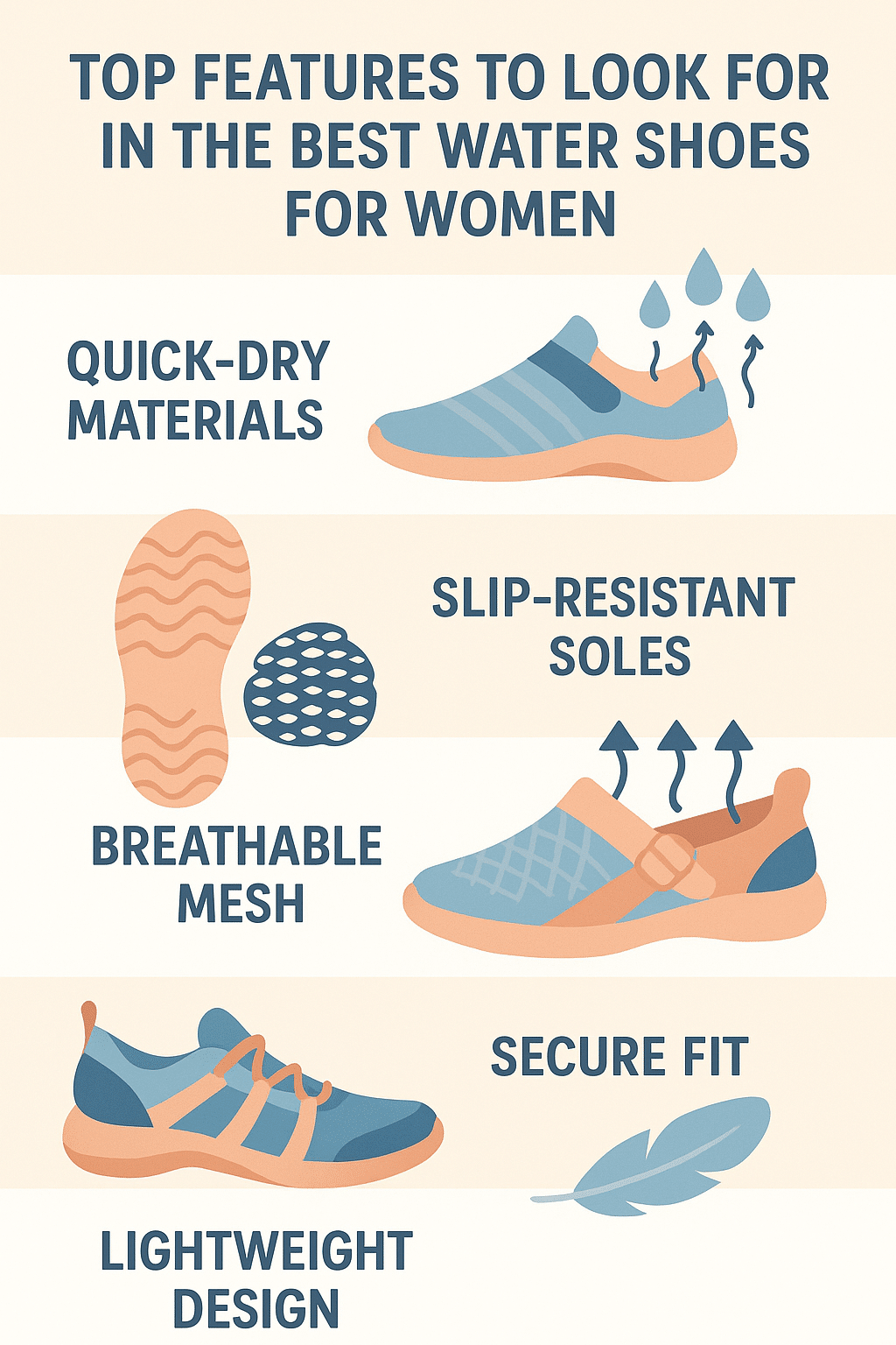 Best water shoes for women features infographic showing quick dry slip resistant breathable and ligh