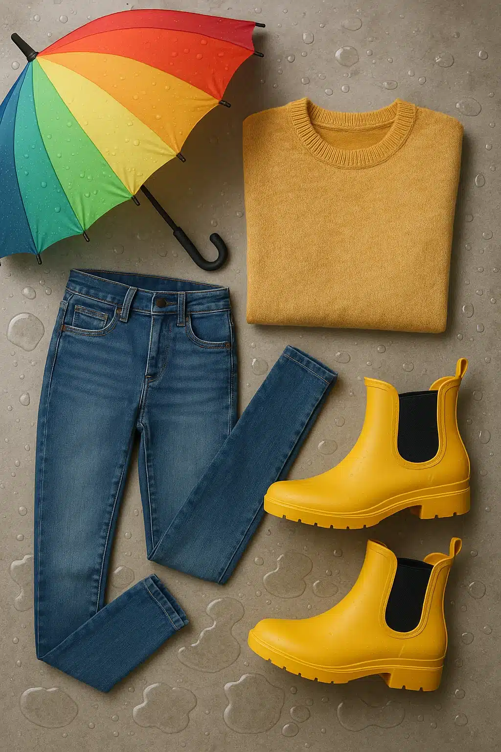 Casual rainy day outfit with best rain boots for women yellow boots jeans and umbrella