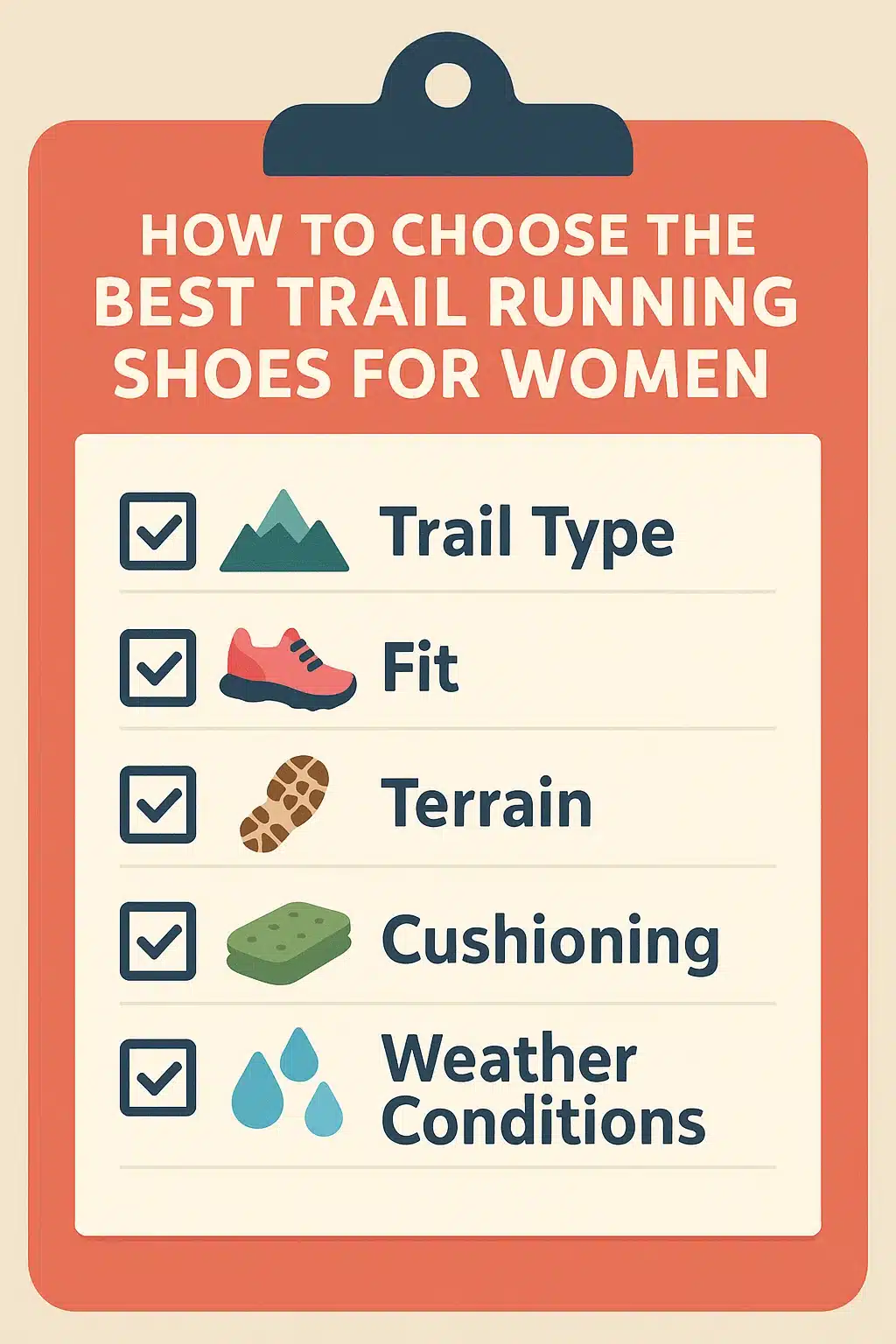 7 Best Trail Running Shoes for Women to Boost Your Performance 5 Checklist infographic for choosing best trail running shoes for women based on terrain and fit