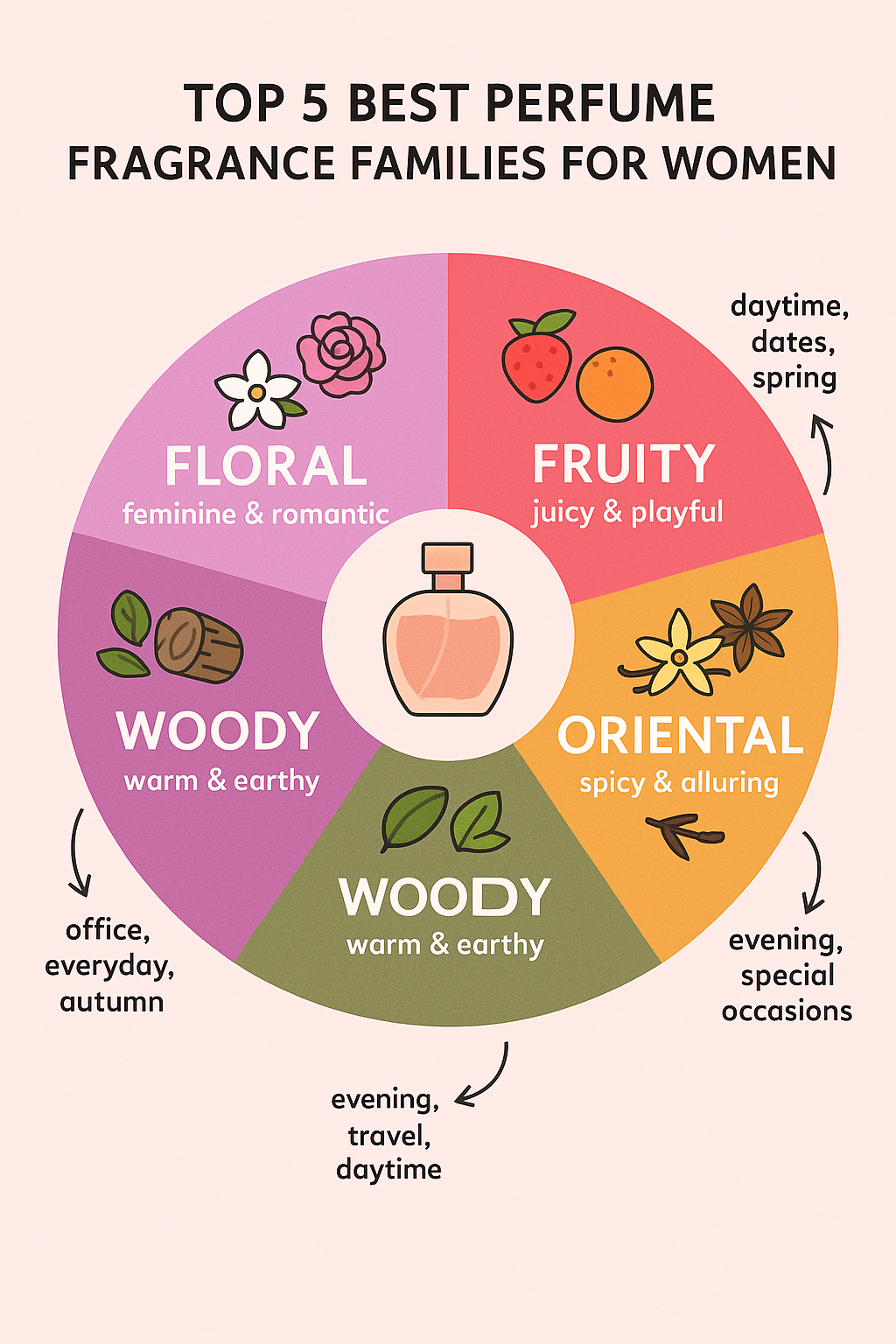 Colorful fragrance wheel showing best perfume for women scent families and notes