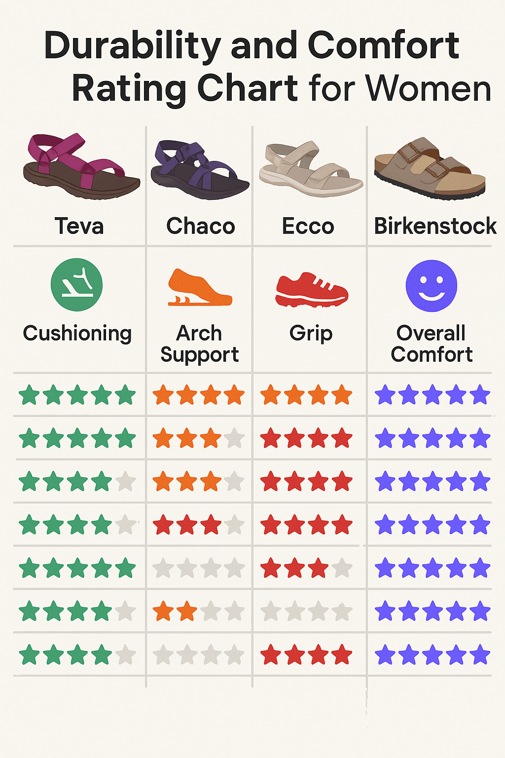 Comfort and durability ratings for best sandals walking women with star and bar chart