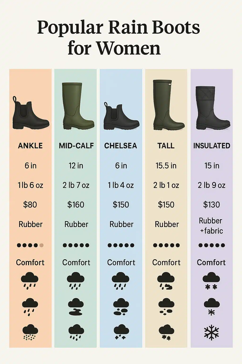 Comparison chart of best rain boots for women showing style features and weather suitability