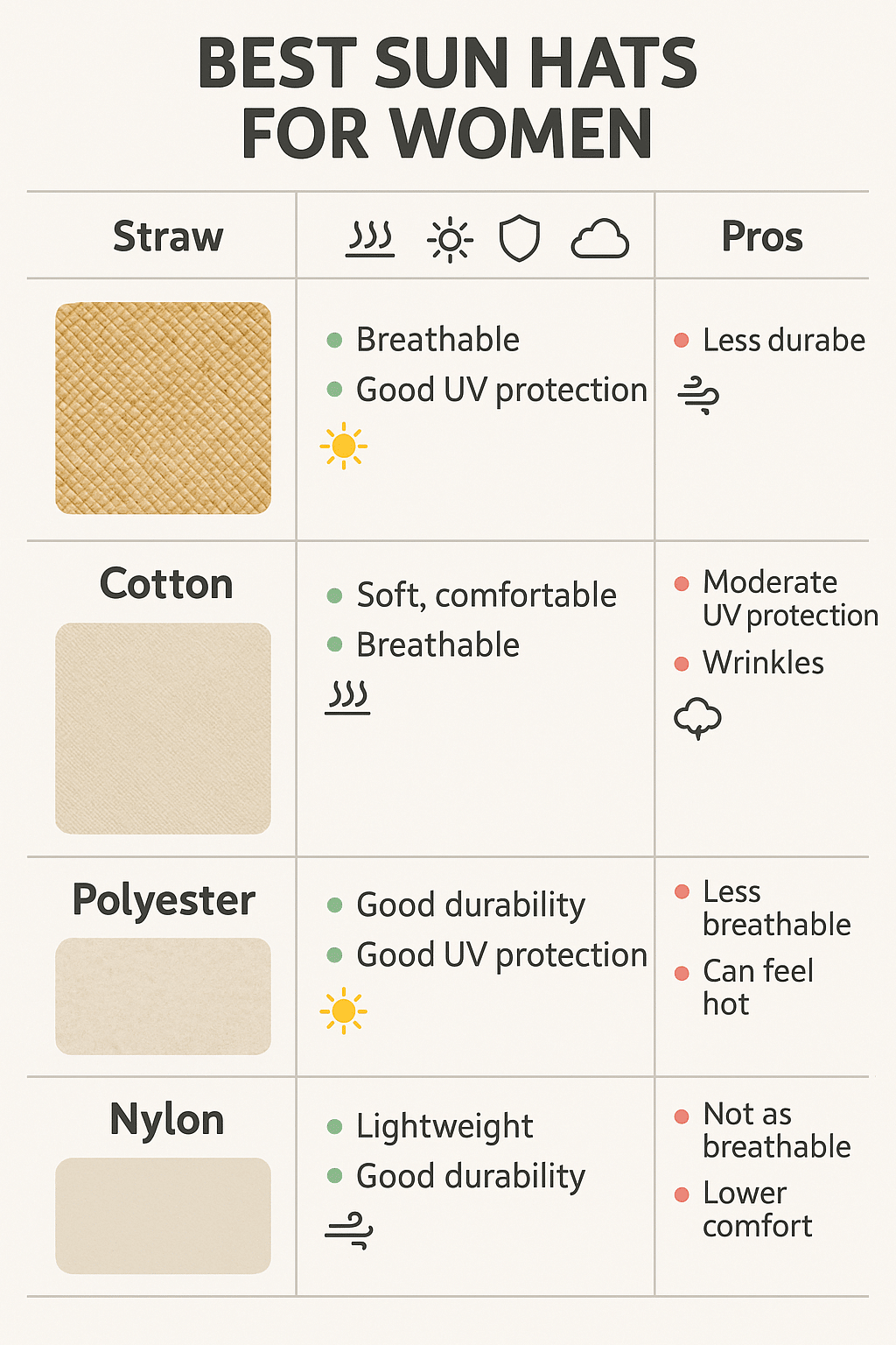 Comparison chart of fabrics used in best sun hats for women with benefits and drawbacks