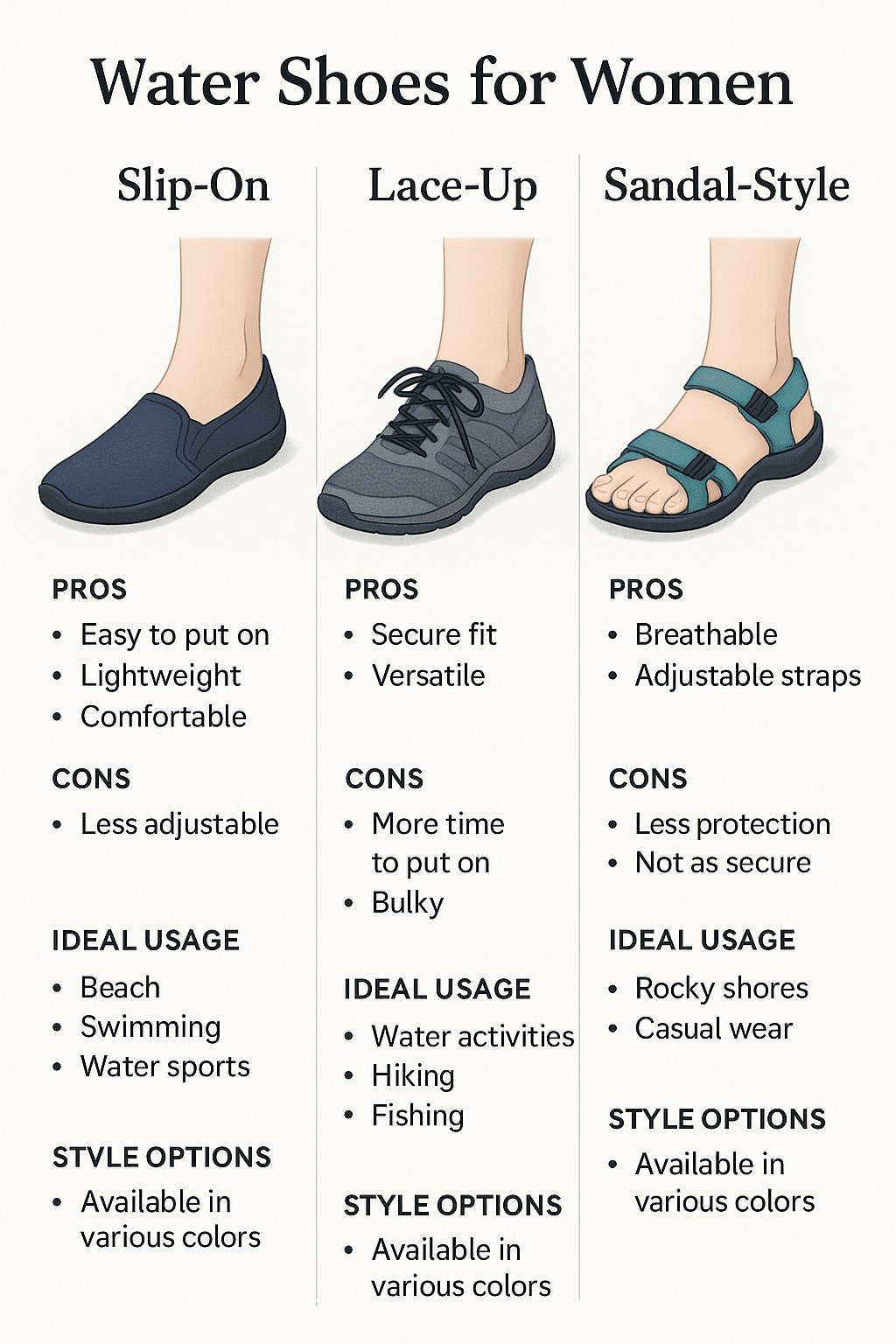 Comparison of best water shoes for women slip on lace up and sandal style with pros and cons