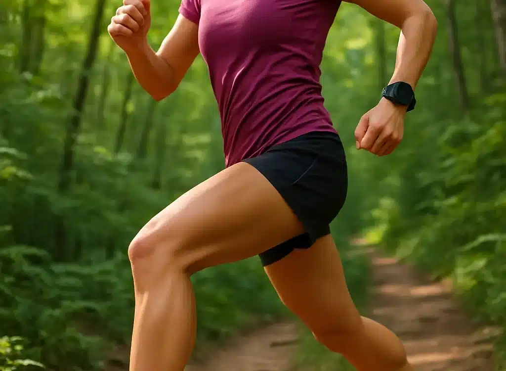 Confident woman running on forest trail wearing best trail running shoes for women in dynamic action