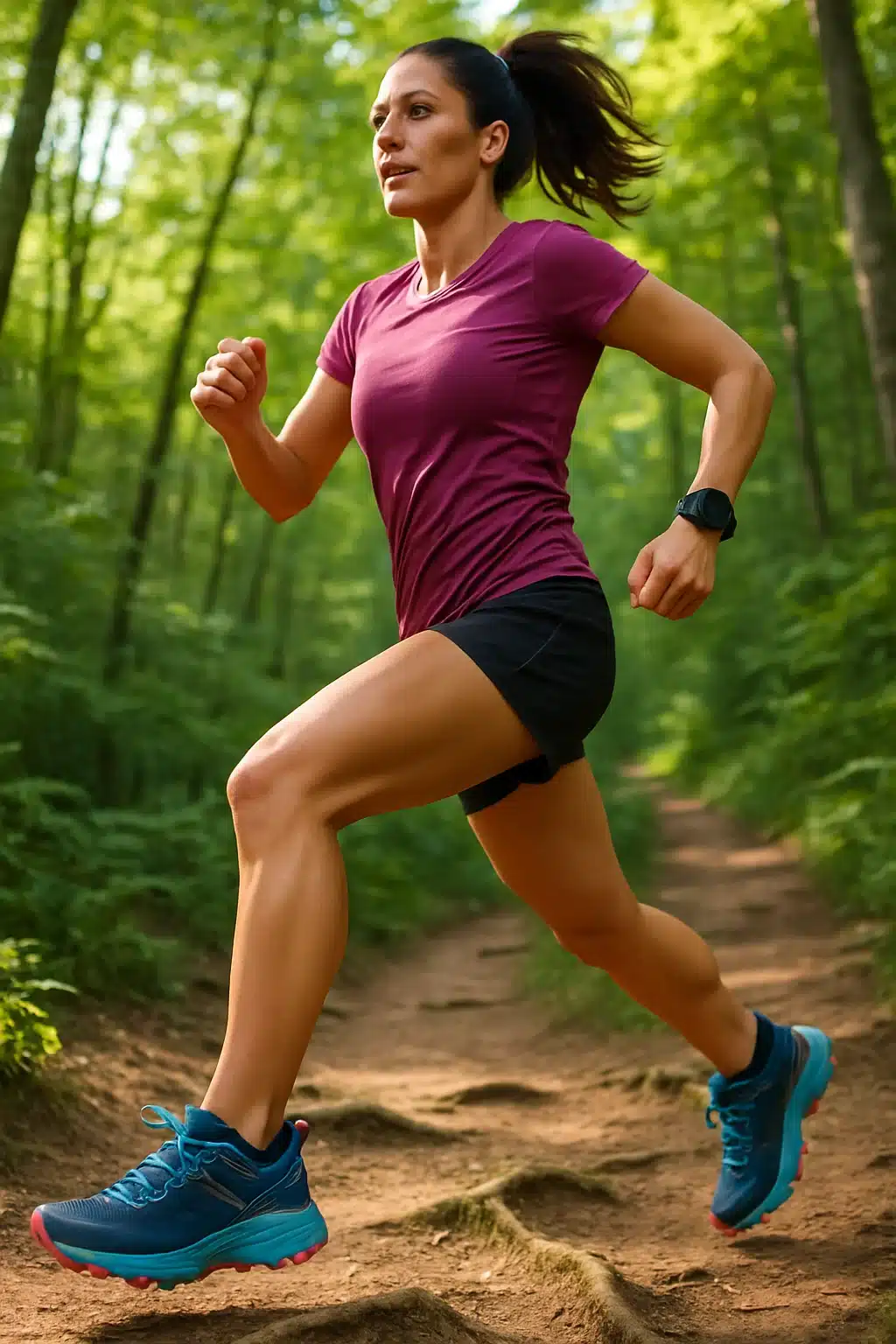 Confident woman running on forest trail wearing best trail running shoes for women in dynamic action