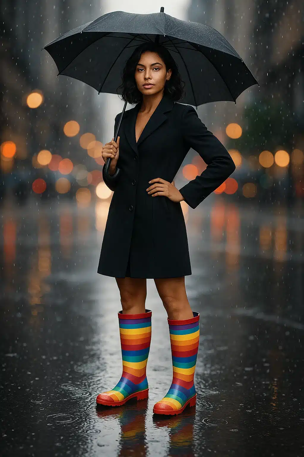 Confident woman wearing best rain boots for women standing in puddle on rainy city street