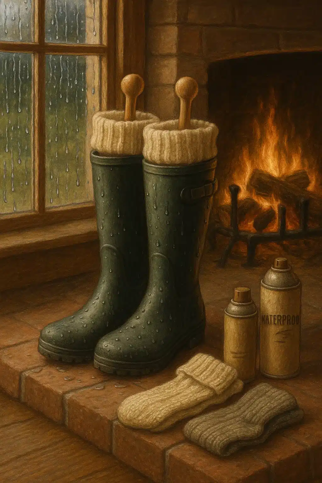 Cozy indoor scene showing rain boots drying with accessories illustrating best rain boots for women