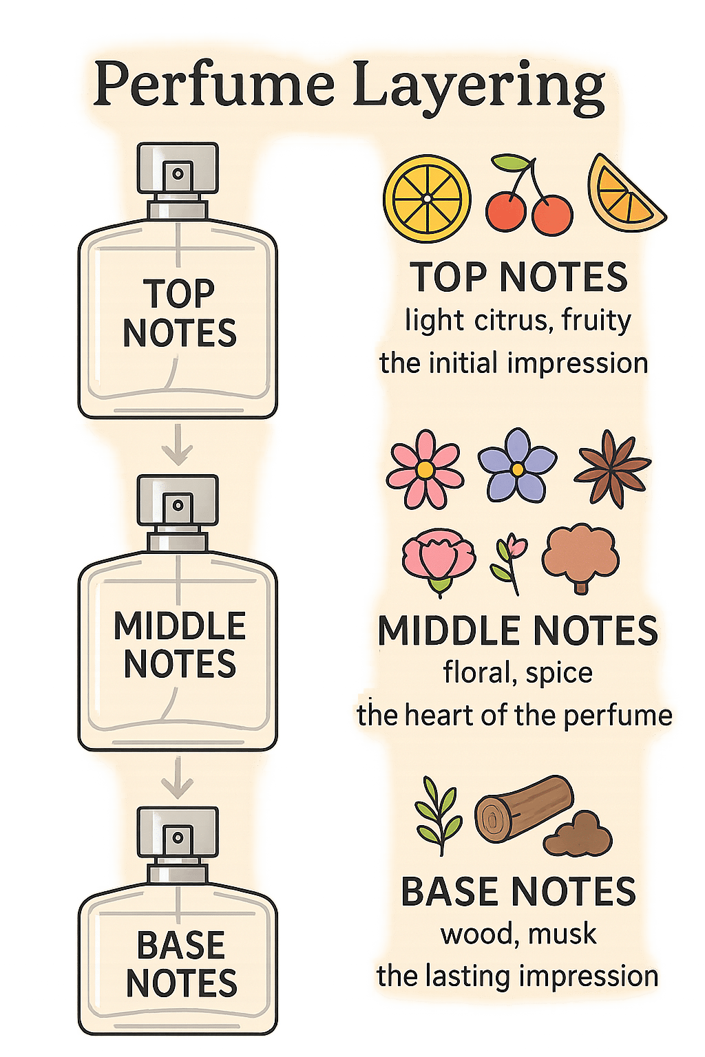 Diagram explaining perfume layering with top middle and base notes best perfume for women