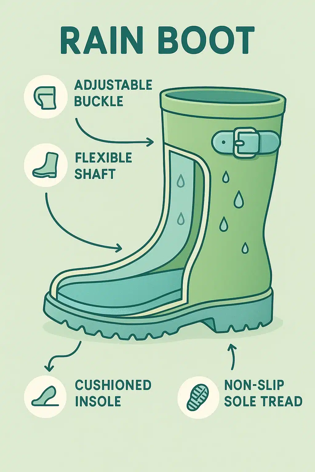 Diagram highlighting key features of best rain boots for women with waterproof cushioning and non sl