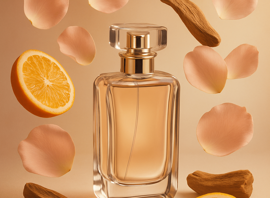 Elegant perfume bottle with rose petals citrus and wood elements best perfume for women